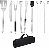Utensili Barbecue Kit 9PCS, Set di Attrezzi per Barbecue, Posate Barbecue Grill Set di Attrezzi Barbecue Griglia di Cottura in Acciaio Inox con Pinza, Paletta, Spazzola per Grill, Spiedini, Forchetta