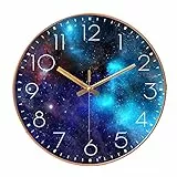 SWECOMZE,Orologio da parete silenzioso, 25 cm, quadrante con galassia e stelle, cielo stellato, nessun ticchettio, orologio da parete per la cameretta dei bambini (oro 039)