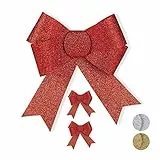 relaxdays Fiocco da Regalo Luccicante, Set da 3, Coccarda Decorativa per Compleanni, Grande, Natale, Rosso, PVC, 18 x 17 x 2 cm