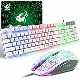 Tastiera e Mouse da Gioco, Layout Tedesco QWERTZ Gaming Tastiera Retroilluminato a LED Colore Arcobaleno, Mouse 6 Tasti 2400 DPI e Tappetino per Mouse, USB Cablato per PS4 XBox, Bianca