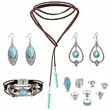 HIFOT 12 Pezzi Turchese Parure Gioielli Donna, Collana Turchese Cuoio Chiusura Braccialetti Pelle, Orecchini Pendenti Anello Turchese Argento, Regalo Per Mamma Fidanzata Donna Compleanno Anniversario