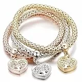 Braccialetto di fascino delle donne 3 pezzi, Elastico Bracciale Catena Popcorn con Pendente Ciondolo Bracciale in Argento Oro Rosa Bracciale Albero Della Vita Braccialetto