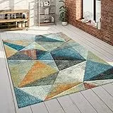 Paco Home Tappeto per Il Soggiorno in Blu e Arancione, colorato, con Motivo di Triangoli e Look 3D, Robusto, a Pelo Corto, Dimensione:200x290 cm