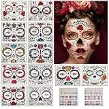 Herefun Halloween Tatuaggi Temporanei, 14Fogli Viso Temporaneo Tattoos Adesivi + Adesivo Gemma, Tatuaggi temporanei del teschio di zucchero per Halloween, Maskerade, Cosplay Party (Halloween)