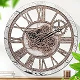 HOSTON Orologio da parete grande con numeri romani in legno vintage in metallo con ingranaggi reali per soggiorno, camera da letto, ufficio (legno grigio rustico, 45,7 cm)