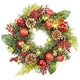 Ghirlanda di Natale 45cm per Porta con Luce LED, Ghirlanda Artificiale Natalizia con Palline di Natale Bacche di Pigne e 15 LED per Finestre Natalizie e Invernali Camino e Decorazione Murale - Rosso