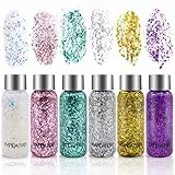 AOKITO 6 Bottiglia Glitter Body Gel,Brillantini Make Up Glitterato con Lustrini,per Viso,Unghie,Occhi,Labbra,Capelli,Corpo,per Musica,Festival,Feste in Maschera(Bianco/Oro/Argento/Rosa/Verde/Viola)