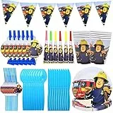 Fireman Sam Party Kit Compleanno, 63Pcs Fireman Sam Set di Stoviglie per Feste Insegnante di Inglese Pompiere Sam Forniture per Feste per Bambini stoviglie Party Kit Tovaglia Copertina Banner