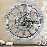 HOSTON Orologio da parete grande, con numeri romani, in legno, stile vintage, con ingranaggi reali, per soggiorno, camera da letto, ufficio, 45,7 cm, grigio argento