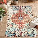 KIMODE Tappeto bohémien con medaglione floreale, 90x150 cm, orientale, morbido e soffice, tappeto vintage in finta lana, antiscivolo, lavabile, a pelo basso, per bagno, soggiorno, lavanderia
