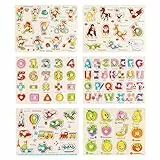 KABENFIS 6 Pezzi Puzzle di Legno Puzzle Set Alfabeto, Numero, Animali, Frutta, Veicoli e Sport Puzzle di Apprendimento Board per Bambini Ragazzi e Ragazze
