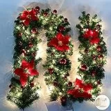 Queta Ghirlanda Natalizia, Ghirlanda di Abete Decorazione Natalizia con Fiori Bellissime lampade Decorazione Natalizia per Scale, pareti, Porte 2.7m (Rosso)