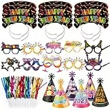 DPKOW 2024 Forniture per la Festa Capodanno Oggetti Scena Della Cabina Fotografica Capodanno Colorato Fascia con Frange Soffiatori Carta Occhiali Cappelli a Cono per Capodanno Decorazioni Festa