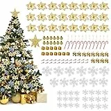 LIHAO Decorazioni Albero di Natale oro, 133pz Addobbi Albero di Natale con Fiocchi di Neve Stella Palline e Fiori per Addobbi Albero Natale