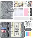 Binder in Pelle,Raccoglitore ad 6 Anelli,Buste Trasparenti Cerniera Fogli di Budget Etichette Adesive Righello Divisori per Raccoglitori Cartella Delle Ricevute Adesivi di Categoria (Argento goffrato）