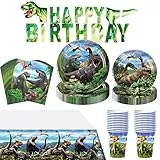 Amycute 82 Pcs Piatti Festa Compleanno Dinosauri, Stoviglie per Feste di Compleanno Piatti Tema Dinosauri Tovaglia Bicchieri Tovaglioli per Festa Compleanno Bambino