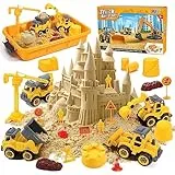 FRUSE Sabbia per Bambini,Kit di Sabbia con 1 KG Sabbia Magica,4 Camion da Costruzione,4 Stampi per Castelli,Scatola di Sabbia con Coperchio,Sabbiera Giocattolo per Ragazzi e Ragazze Oltre i 3 Anni