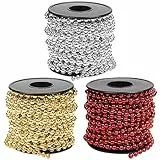 Belle Vous Ghirlanda di Perle per Albero di Natale (3pz) Catena Perle Decorative da 10 Metri - Perle Albero di Natale Rosse, Oro e Argento per Decorazioni Albero di Natale, Tavola e Gioielli Fai-da-Te