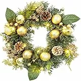 Aeeing Ghirlanda di Natale da 45 cm con 15 LED, Ghirlanda per Porta con Palline di Natale Pigne Bacche per Porta d'ingresso, Camino e Decorazioni da Parete - Oro