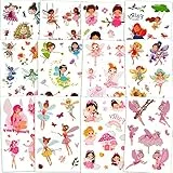 Qpout Tatuaggi temporanei di fata fiore per ragazze(120 + pz), Adesivi per tatuaggi impermeabili principessa fata fiore, regali per la decorazione della festa della principessa compleanno per bambini