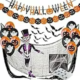 Jonami Decorazioni Halloween Casa XXL - Festone Happy Halloween, Festoni, Palloncini, Ragnatela, Pipistrelli 3D, Scheletro Articolato, Straccio Raccapricciante Nero Panno di Stoffa Spaventoso