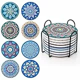 Set di 8 sottobicchieri assorbenti in sughero ceramica con supporto in metallo, motivo mandala per tazze, vasi, candele, regalo di inaugurazione della casa, per compleanno, cucina, soggiorno