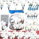 simyron 62 Pezzi Articoli per Feste Stoviglie Feste Set, Decorazioni Feste Contiene Compleanno per Compleanno Party Stoviglie Piatti Tazze Tovaglioli Cannucce Tovaglia Striscion