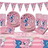 Amycute 82 Pcs Stoviglie per Feste Stitch, Kit Compleanno Bambina Piatti Carta Tovaglia Tovaglioli e Bicchieri Decorazioni