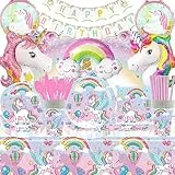 NOVBAON 57 Pezzi Decorazioni Compleanni Unicorno, Bambina Compleanno Unicorno Stoviglie Compleanno, Unicorno Party Kit Cannucce Piatti Tovaglia Palloncini Battesimo Posate Per
