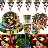Masha e orso tema compleanno, stoviglie di compleanno set, Kit Party Tavola Bambini Compleanno Articoli, tovaglia Addobbi Party, per Bambini 10 Ospiti (48 Pezzi)