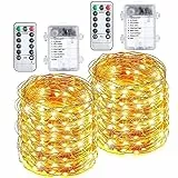 RJEDL Catena luminosa a batteria, 2 x 12 m, 160 LED, luce bianca calda, per interni, con batteria per Natale, camera da letto, feste, matrimoni