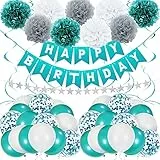 Unisun Decorazioni per compleanno blu Tiffany, palloncino blu con bandiera di buon compleanno, palloncini con pompon di carta a forma di stella 1° 2° 13° 18° 21 30° 40° baby shower