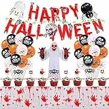 Halloween Decorazioni Casa, Halloween Kit - Festone Happy Halloween, scheletro horror,tovaglia sanguinosa, Palloncini Neri Arancioni, Palloncini Decorazioni Halloween Decorazioni Tavola per Esterno