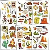 Qpout Western Cowboy Tatuaggi temporanei, Collezione Western Wild West Cartoon Impermeabile Tatuaggi finti Adesivi West Party Rodeo Party Birthday Cowboy Party Decor (6 fogli)