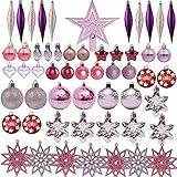 Set di 58 palline di Natale, in plastica rosa, con gancio, per albero di Natale, in plastica, infrangibili, decorazioni per albero di Natale (rosa)