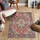 KIMODE Tappeto per camera da letto Boho con medaglione floreale 90 x 150 cm, lavabile, stile vintage bohémien, tappeto morbido antiscivolo per interni, tappeto a pelo basso, per soggiorno, tavolo da