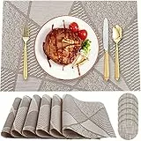 Amzeeniu Set 6 Pezzi Tovagliette PVC da Tavola 45 x 30cm, Non-scivolose Resistenti al Calore,In Vinile Tessuto Rettangolo e 6 Sottobicchieri Grigio