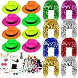 Aodaer Set da 94 pezzi Neon Bright Party Set divertenti Neon Gangster Cappelli in lamina metallica Tinsel Parrucche per feste fotografiche con occhiali Neon forniture per feste per adulti