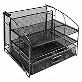 Amazon Basics Rettangolare Organizer da scrivania con 3 ripiani, cassetto a scorrimento e scomparto per appendere i documenti, Nero