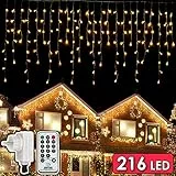 216 LEDs Tenda Luminosa, 5.5M Luce Stringa Catene Luminose, 8 Modalità Luci cascata Strisce LED, Barriera Fotoelettrica Decorare Interni Esterni Finestra Patio Giardino Natale Halloween, Bianco Caldo