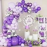 Kit Arco Palloncini Viola, 113 Pezzi Kit Ghirlanda Palloncini Coriandoli Argento Metallizzato Viola con Accessori Farfalla 3D per Ragazze Festa Compleanno Anniversario Matrimonio Baby Shower