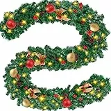Amzeeniu Ghirlanda Natalizia,Ghirlanda Natalizia per Porta Decorativa con 50 LED Luce,Ghirlanda di Natale Artificiale,Ghirlande Artificiali Illuminate con Accessori oro e rosso,per Scale(2,7 metri)