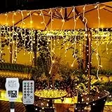 Sundom Luci Natale Esterno Cascata, 5M 200 LED Luci Balcone Natale Esterno con Temporizzazione Remota 8 Modalità IP44 Impermeabile Tenda Luminosa Esterno per Balcone Tetto Giardino Esterno Finestra
