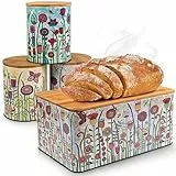 WENKO Set di 3 barattoli in metallo con contenitore per pane e coperchio ermetico in legno per cucina, soggiorno e bagno
