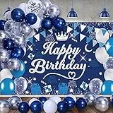 Compleanno Decorazioni Striscione, Blu Navy Argento Happy Birthday Striscione Extra Lungo Poster Sfondo Fotografico Compleanno Feste Addobbi Decorazioni Palloncini Uomo Decorazione Banner 190X120cm