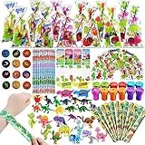 et di bomboniere con dinosauro, confezione da 12 sacchetti preriempiti con etichette regalo di dinosauro, riempiti con temperamatite a tema dinosauro, figurina di dinosauro, braccialetto del giro
