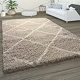 Paco Home Morbido Tappeto a Pelo Lungo Shaggy per Soggiorno in Stile scandinavo con Motivo a Rombi, Dimensione:140x200 cm, Colore:Beige
