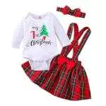 Yassiglia Vestito Natale Neonata Abito Bimba Natale Completo da 3 Pezzi Bebè Fascia per Bretelle Scozzese a Maniche Lunghe con Stampa a Lettera