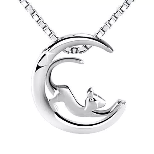 Amilril Collana Ciondolo Luna Gatto Donna, Argento Sterling 925