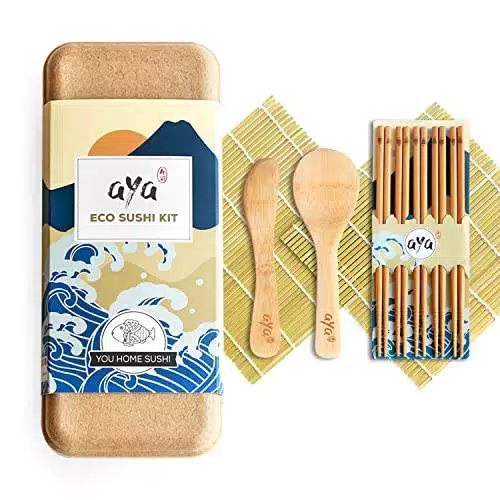 Kit per la Produzione di Sushi Originale AYA Eco Sushi Kit Tutto Naturale Ecologico Bambù Biodegradabile 2 Tappetini per Sushi 5 Paia di Bacchette 1 Spatola 1 Cucchiaio